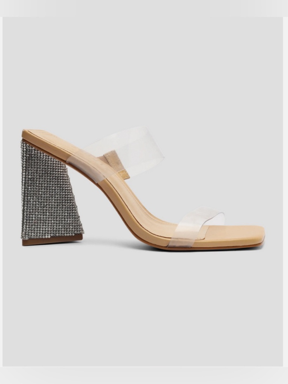 SCHUTZ Clear Double-Strap Mule with Rhinestone Block Heel in Nude and Silver
